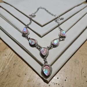 Sterling Silver Ethiopian Opal Lariat Necklace Pear-shaped, Iridescent Gemstones